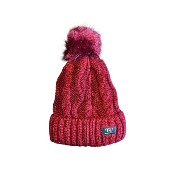 UGG Accessories - Ugg Cable Knit Beanie With Pom Pom red maroon Faux Fur Lined hat